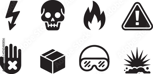 Collection of red and blue safety and warning icons with geometric shapes