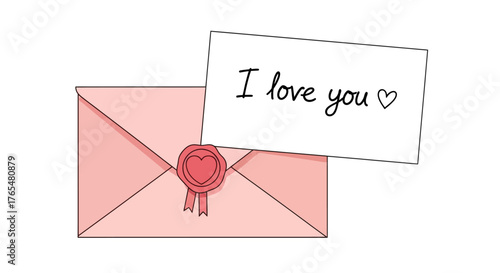 Handwritten love letter with the message I love you next to a pink envelope sealed with a heart wax stamp