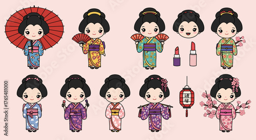 Adorable Geisha Doll Cartoon Set in Traditional Kimono with Accessories