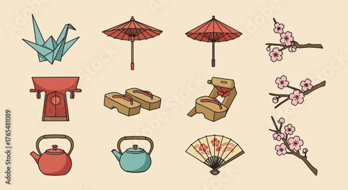 Delicate Japanese Icon Set Origami Crane, Parasols, Tea Pots, and More