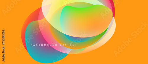 Abstract colorful shapes overlap, creating vibrant visual effect. Orange background complements flowing design elements. Modern, dynamic composition.