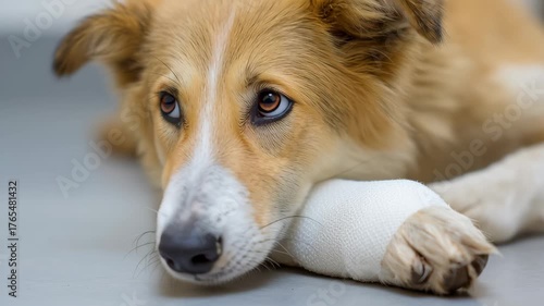 Sad dog with a bandaged paw lying on the floor