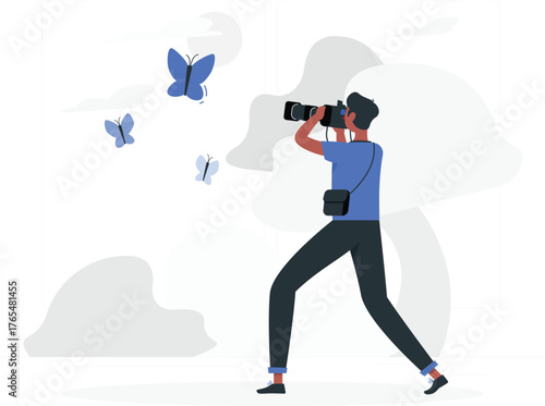 Photographer Capturing Butterflies in a Stylized Outdoor Scene camera lens