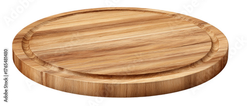 Round wooden cutting board with groove isolated on transparent background acacia wood serving tray for pizza, cheese, fruit, appetizers