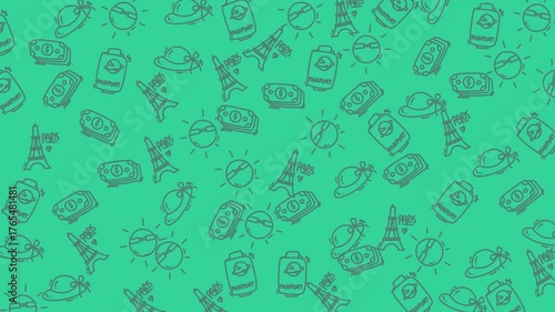 Doodle holiday pattern ideal for travelthemed designs, showcasing paris landmarks, perfect for festive projects evoking charming vacation vibes.