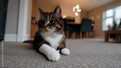 Tabby cat with a bandaged paw resting on the floor