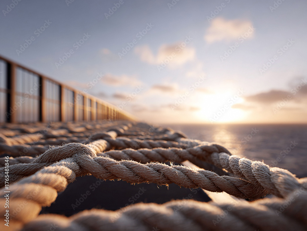 Obraz premium Warm sunset seascape with blurred railing, and a knotted rope foreground. Evokes themes of travel, stability, journeys and the sea. Great for backgrounds and text overlays.