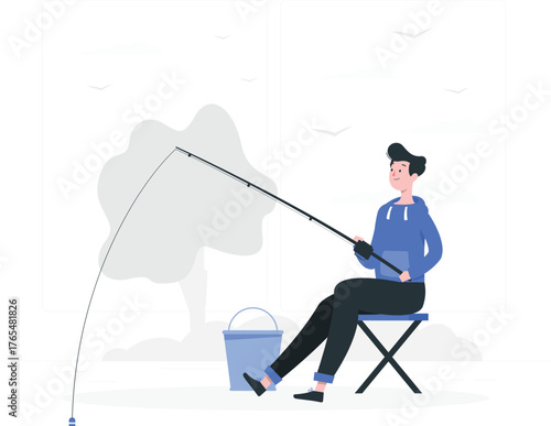 Man fishing on a stool with a bucket and fishing rod by a lake Keywords: man, fishing, rod, reel, hook, bait, fish, lake, river, water, outdoor, recreation, hobby, leisure, relaxation, nature