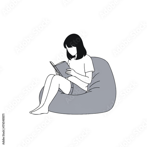 Vector illustration of a young woman sitting on a bean bag chair using a tablet with a minimalist design
