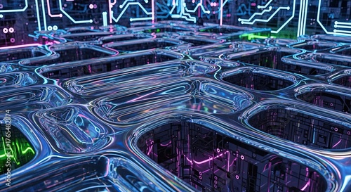 Futuristic Digital Circuit Board with Glowing Neon Lights and Abstract Patterns.