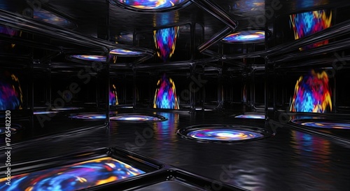 Futuristic Interior with Colorful Light Displays and Reflections.