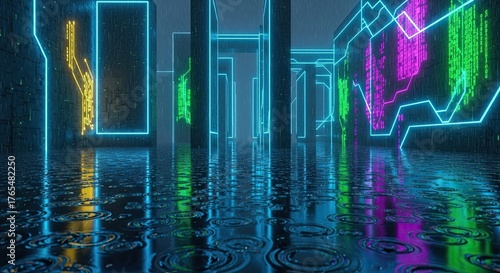Futuristic Neon Corridor with Reflections in Water.