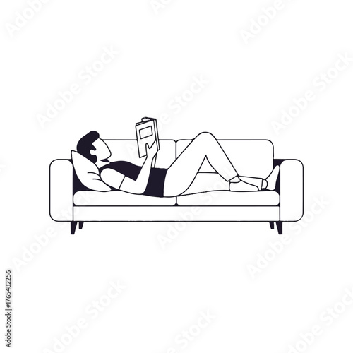 Vector illustration of a woman reclining on a couch reading a tablet with a minimalist design.