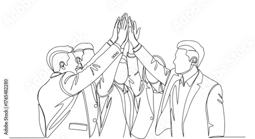 Dynamic one line continuous drawing of a successful business team high-fiving, illustrating unity, collaboration, and shared achievement