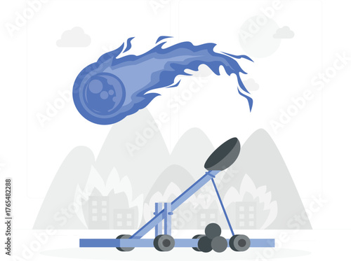 Catapult Launching Fiery Meteorite Over Cityscape with Mountains and Clouds trebuchet siege weapon