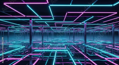 Futuristic Neon Grid Interior with Glowing Lines and Reflections.