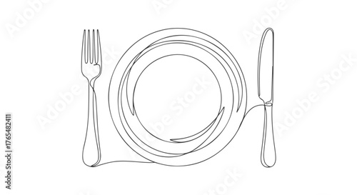 Elegant dining place setting illustration, rendered in a sleek, minimalist style with a single, unbroken continuous line drawing technique, perfect for modern food concepts