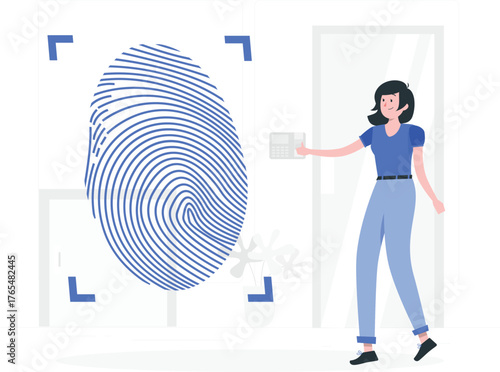 Woman interacting with a large fingerprint scanner for biometric identification and access control biometrics