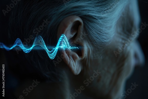Human senior ear with sound waves simulation technology.