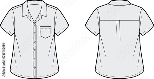 Stylish women’s short sleeve shirt technical flat sketch, button down blouse front and back view
