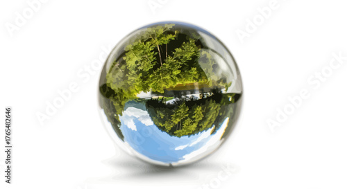Landscape Reflected in a Clear Glass Sphere with Trees and Sky