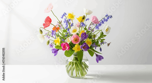 Vibrant mixed spring flower bouquet in clear glass vase, showcasing colorful poppies, daffodils, crocuses, and bluebells.