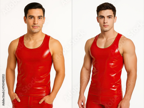 A man in red latex fashion on a white background, photoshoot, set