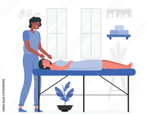 Massage Therapist Giving a Relaxing Massage to a Client Keywords: massage, therapist, client, spa, wellness, relaxation, treatment, body care, health, healing, therapy, woman, lying down, towel