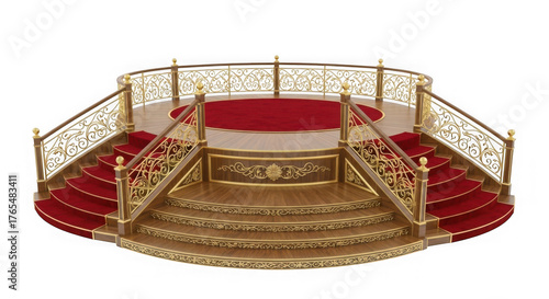 Ornate golden staircase with red carpet isolated on transparent background