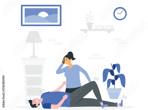 Woman calling for help while man lies on floor with distress signals emergency phone