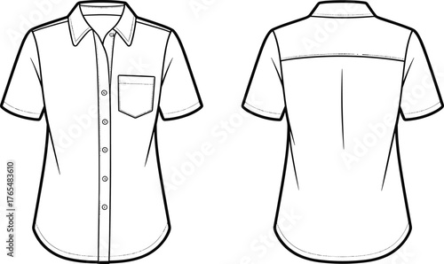 Classic short sleeve collared shirt technical flat sketch, button up front and back view, detailed fashion CAD vector illustration