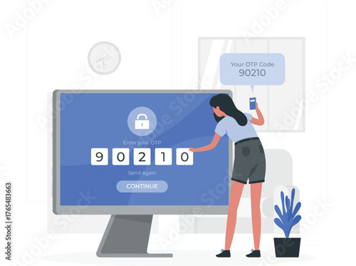 Woman entering OTP code on computer screen for online security verification vector illustration