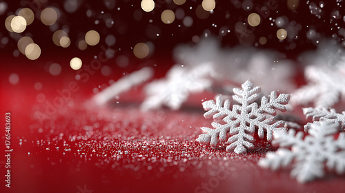 A Christmas where the glittering snowflake decorations and ribbons on the red glitter glow subtly in the warm bulbous background