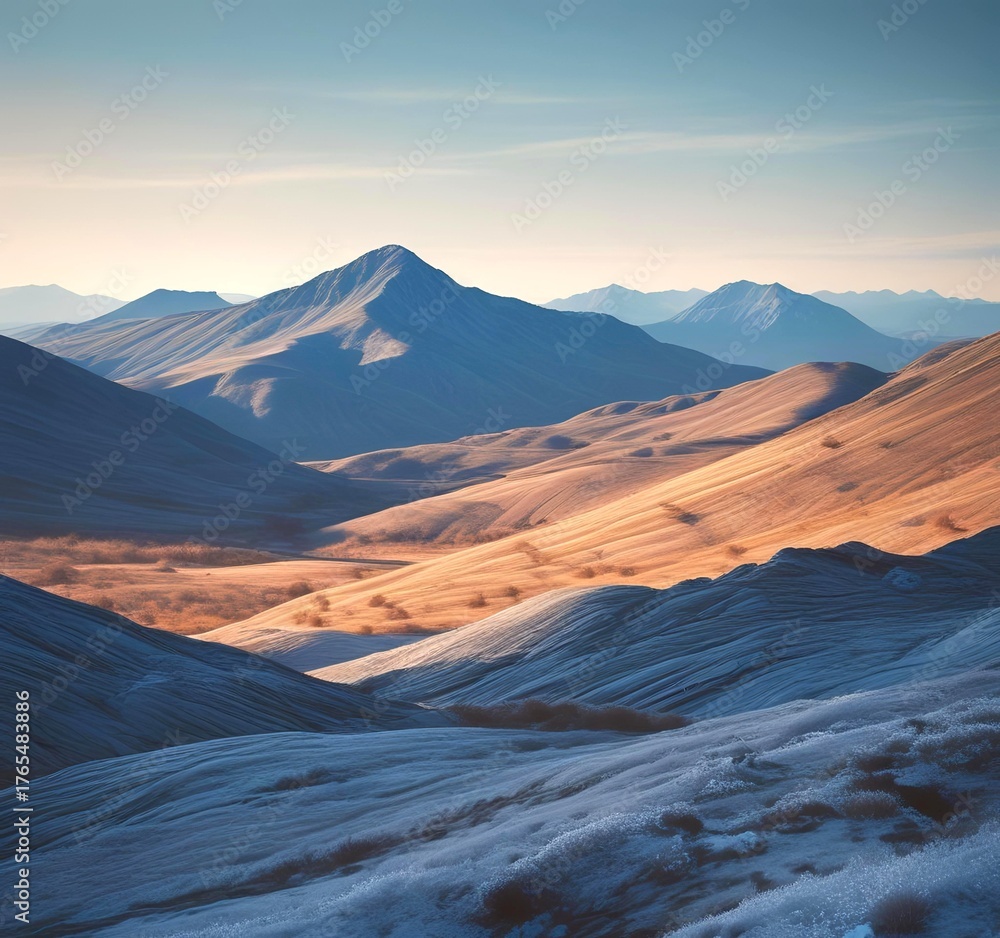 Naklejka premium Minimalist landscape with layered blue mountain ridges