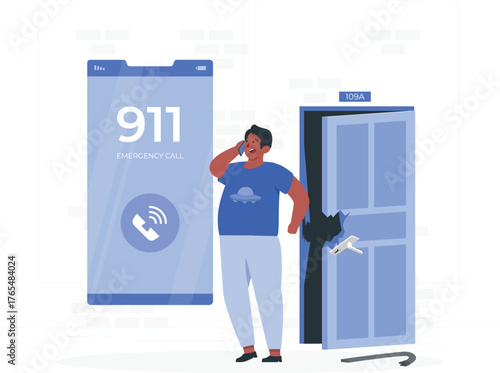 Man calling 911 emergency on his phone after a door is broken into Keywords: emergency, 911, call, phone, man, door, broken, security, crime, police, help, safety, incident, alert, distress