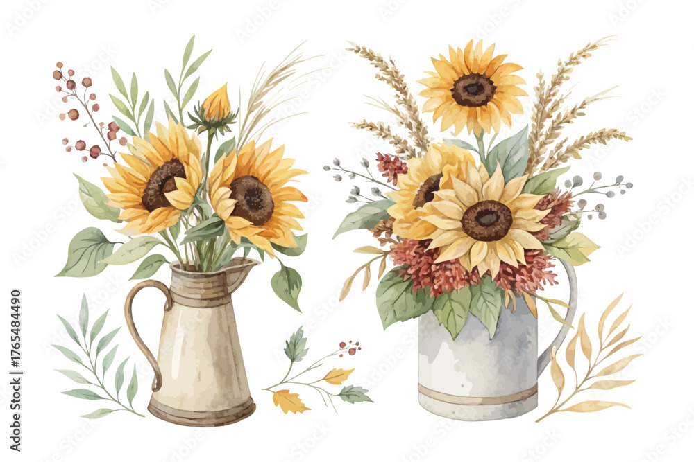 Fototapeta premium Rustic Watercolor Sunflower Arrangement for Posters isolated on white background
