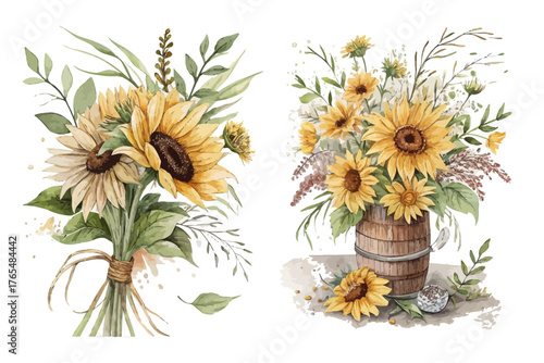 Rustic Watercolor Sunflower Arrangement for Posters vector illustration
