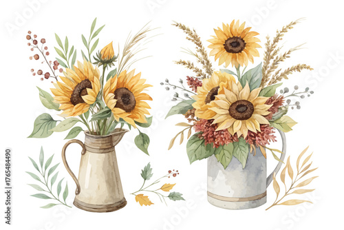 Rustic Watercolor Sunflower Arrangement for Posters isolated on white background