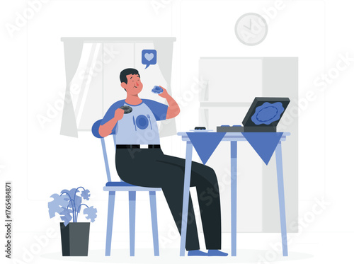 Man Enjoying a Meal of Donuts and Coffee at a Table Keywords: man, eating, donuts, coffee, table, chair, food, meal, breakfast, snack, treat, indulgence, enjoyment, happy, satisfied, clock, window
