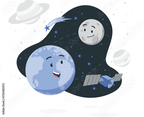 Cartoon Earth Moon Satellite and Planets in Space with Shooting Star Keywords: space, planet, earth, moon, satellite, stars, galaxy, cosmos, universe, astronomy, celestial, solar system, Saturn