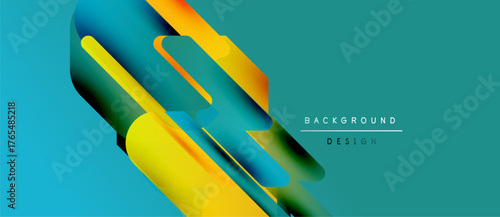 Abstract geometric shapes overlap, creating vibrant color gradients. Teal background complements yellow, orange, blue elements. Modern design aesthetic.