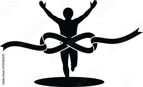 Runner crossing a finish line ribbon. Marathon runner finish line victory 