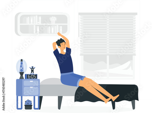 Man stretching in bed at 6:05 AM with a lava lamp and books morning waking up