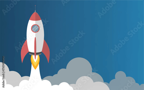 Cartoon Rocket Ship Launching with Fire and Clouds on Blue Gradient Background spaceship space