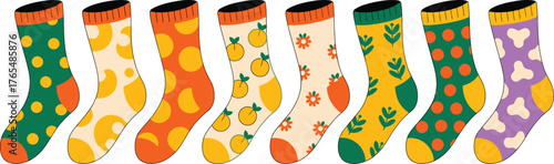 Collection of Cartoonish Socks with Retro Patterns Polka Dots, Peaches, Flowers, and Foliage