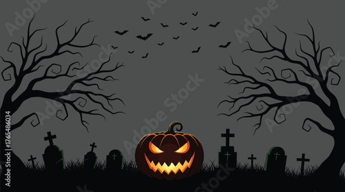 Vector art of eerie halloween night scene featuring a glowing pumpkin in a graveyard with silhouetted trees and bats, creating a spooky and atmospheric backdrop
