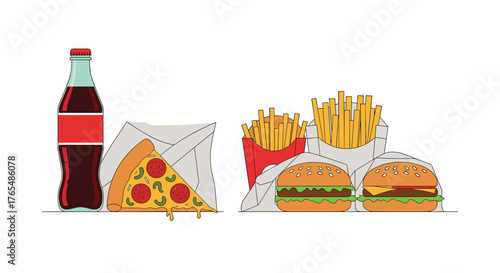 Delicious Fast Food Combo with Pizza, Burgers, Fries, and Soda.