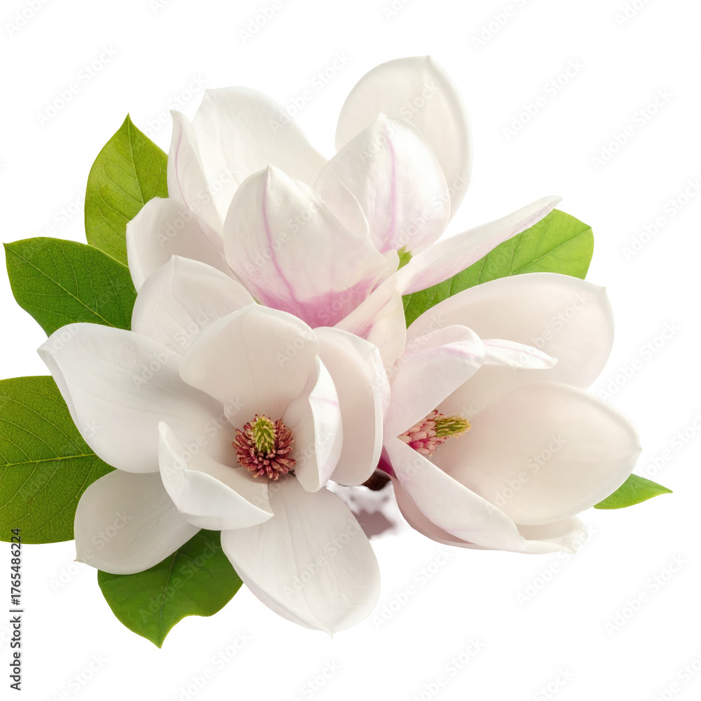 Fototapeta premium Magnolia blossoms with green leaves on a black background