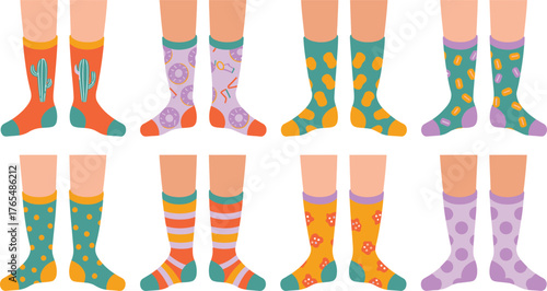Collection of Funky Patterned Socks on Legs, Colorful Illustration, Unique Designs