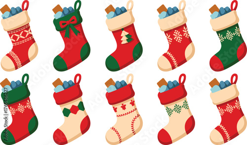 Collection of Festive Christmas Stockings in Red, Green, and Beige with Holiday Designs
